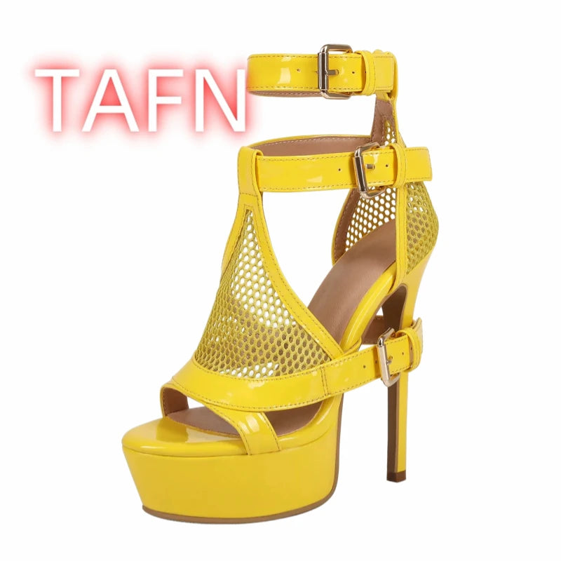 Mesh Buckle Strap Stiletto Platform Sandals for Women
