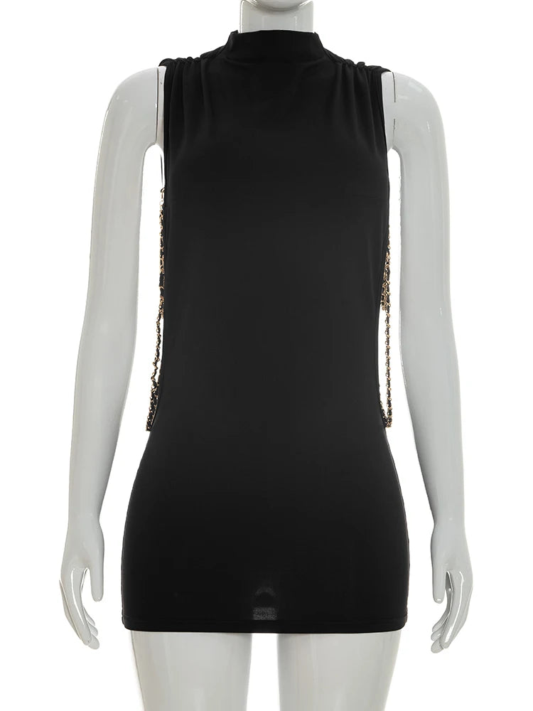 Metal Chain Detail O Neck Side Hollow Mini Dress for Women