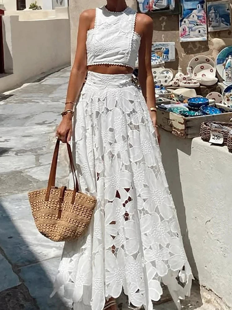 Short Top Patchwork Two Pieces Matching Sets, Women Summer Solid Simple Maxi Skirts Outfit, 2025 Sleeveless Zipper Ladies Suits