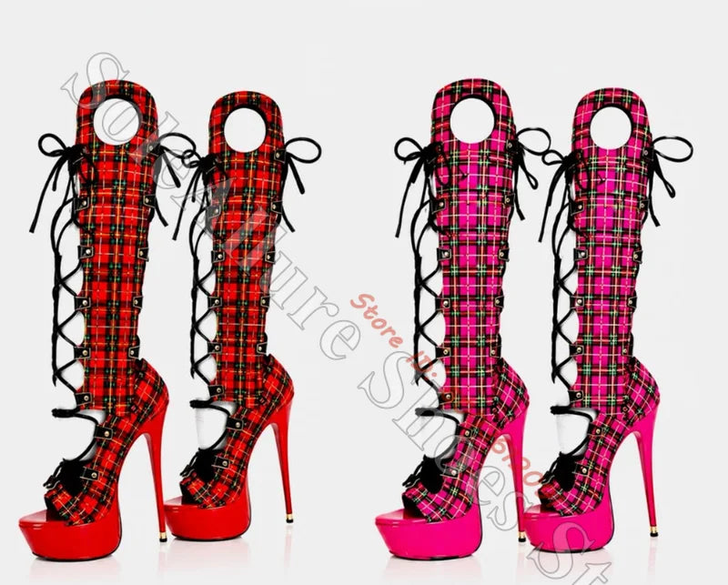 Hot Pink Tartan Corset Lace-Up Platform Thigh High Boots for Women