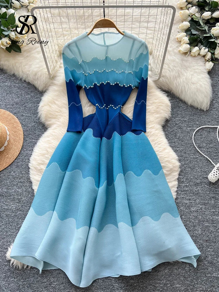 Wave Print Long Sleeve Ankle Length Evening Dress for Women