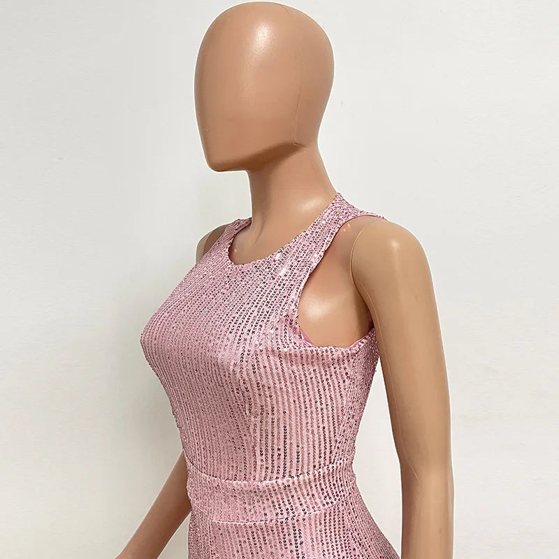 Elegant Silver Sequined Straight Cut Jumpsuit for Women