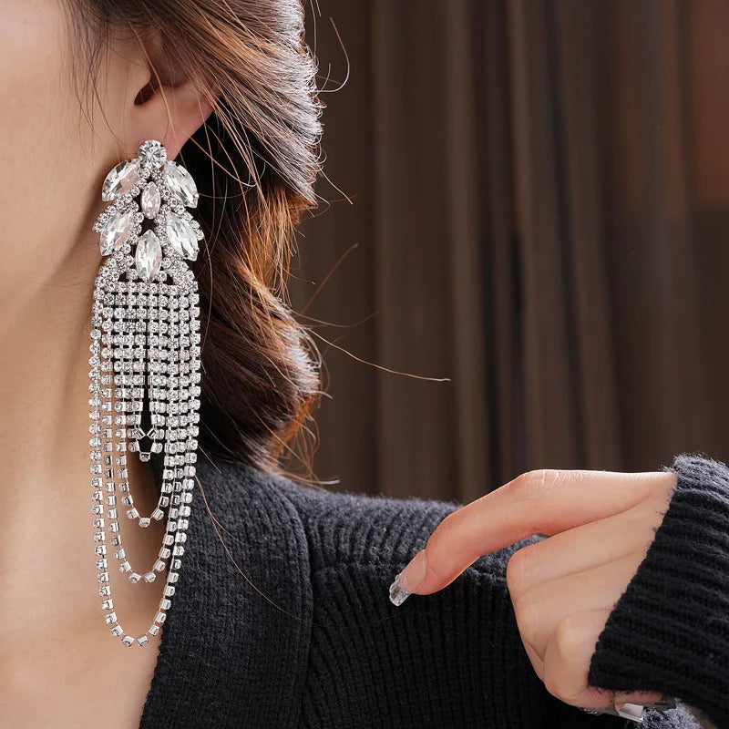 Long Rhinestone Leaf Tassel Drop Earrings for Women