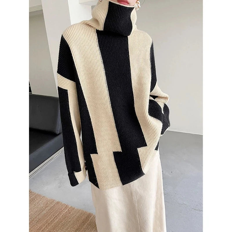 Relaxed Fit Striped Turtleneck Knit Sweater for Women