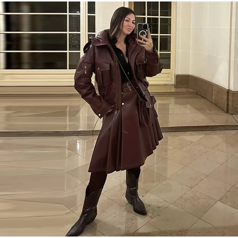 Fur Collar Women 's Leather Jackets Vintage Hooded Zipper Pockets Full Sleeve Jackets Lady 2025 New Woman Winter Coats Outwears