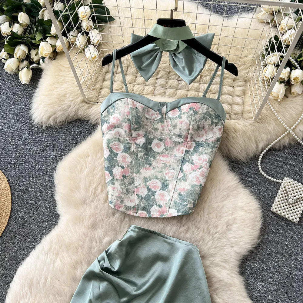 Bow Floral Satin Cami And Mermaid Skirt Set for Women