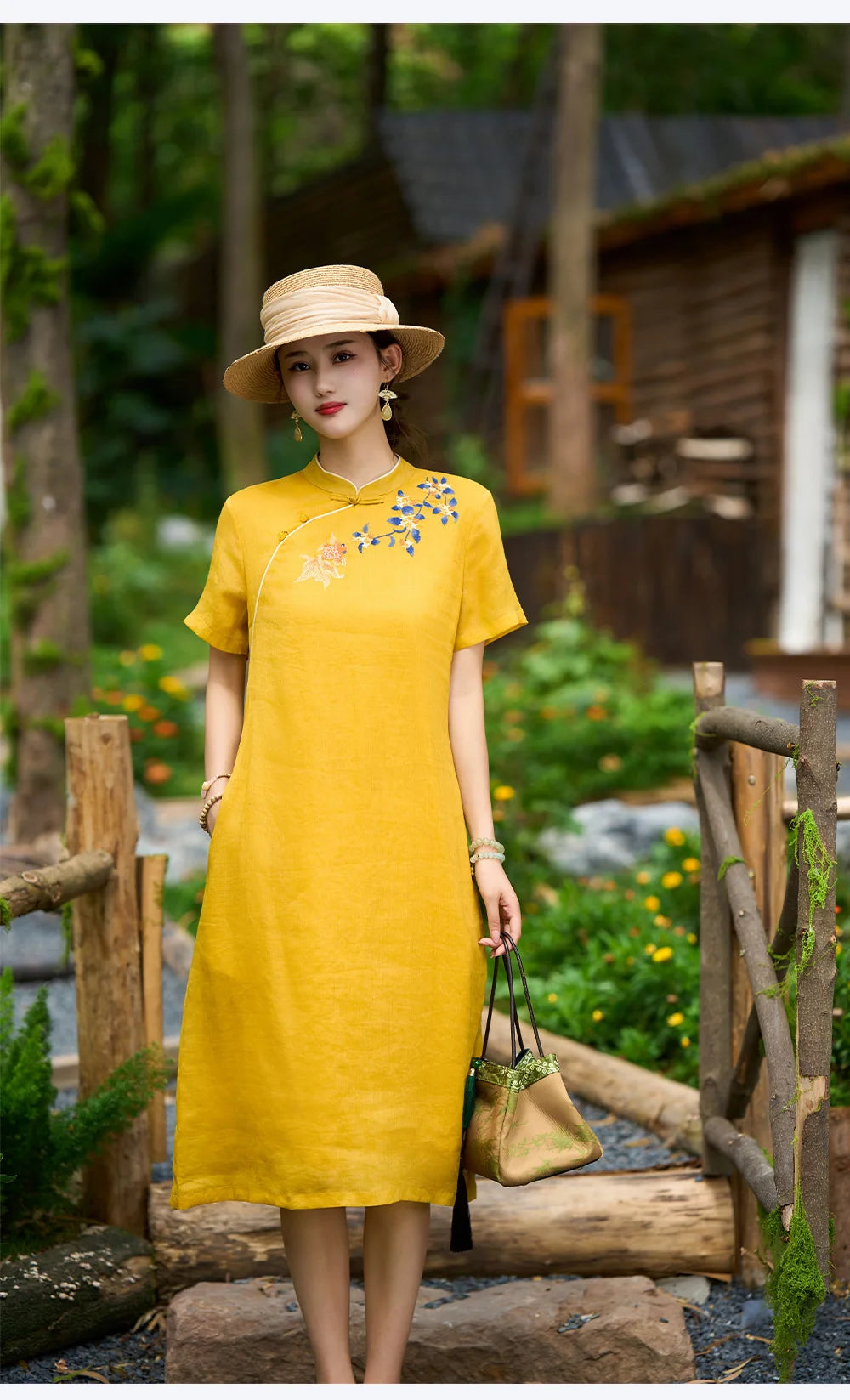 Linen Mandarin Collar Embroidered Cheongsam Dress for Women