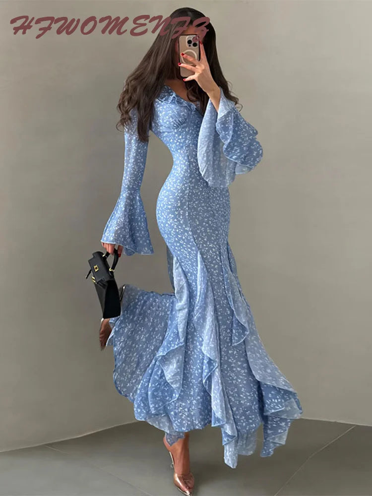 Printed V Neck Ruffle Sleeve Mid Calf Dress for Women