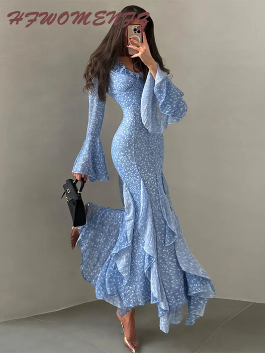 Printed V Neck Midi Dress