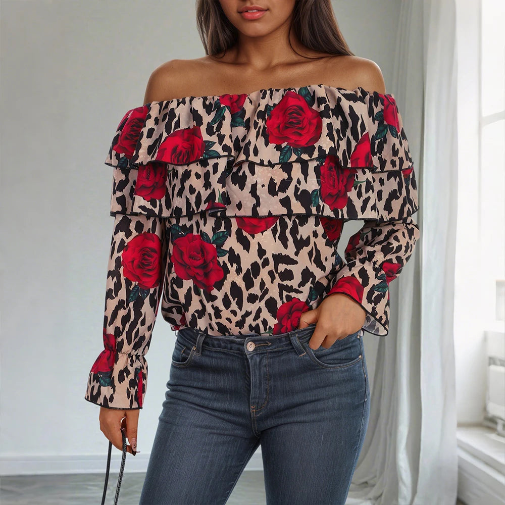 Women's Sexy Leopard Floral Printed Slash Neck Chiffon Blouse Autumn Spring Ladies Ruffle Casual Holiday Tops Size S-2XL