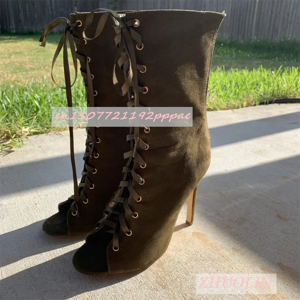 Open-Toe Suede Boots With Lace-Up Side Zipper for Women