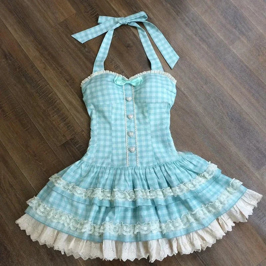 Women Sweet Mini Dress Halter Gingham Bow Button Front Lace Ruffle Hem Slim Fit Suit Cottagecore Lolita Picnic Summer Outfit New