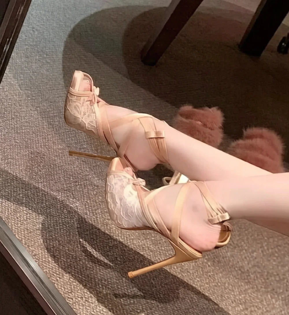Champagne Lace Peep Toe Sandals