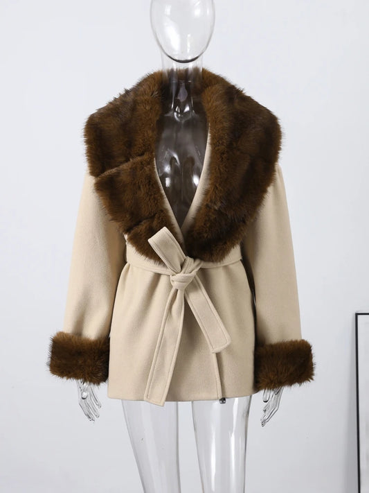 Shawl Faux Fur Coat With Lace Up Belt for Women