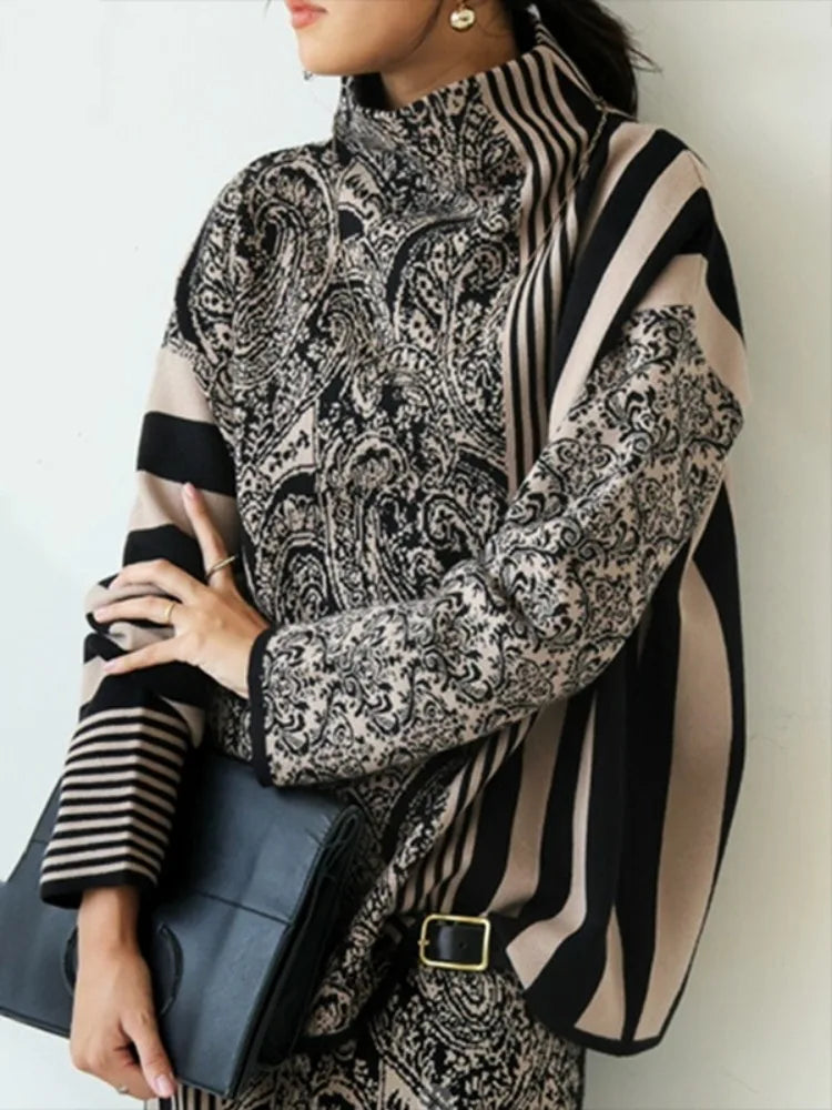 Gymystars Casual Autumn Two Piece Set Elegant Loose Striped Pullovers Column Knitting Skirts Fashion Trend Winter Skirts Suits