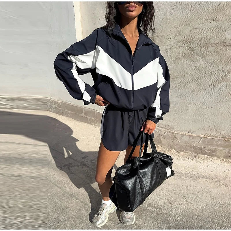 Color Block Zip Jacket and Shorts Tracksuit for Women