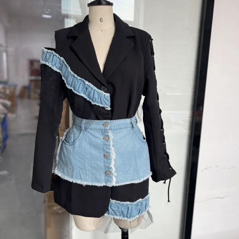 Stylish Patchwork Denim Mini Dresses Lace Deep V-neck Jacket Sexy Irregular Casual-chic Sexy Edgy Top Designers Streetwear