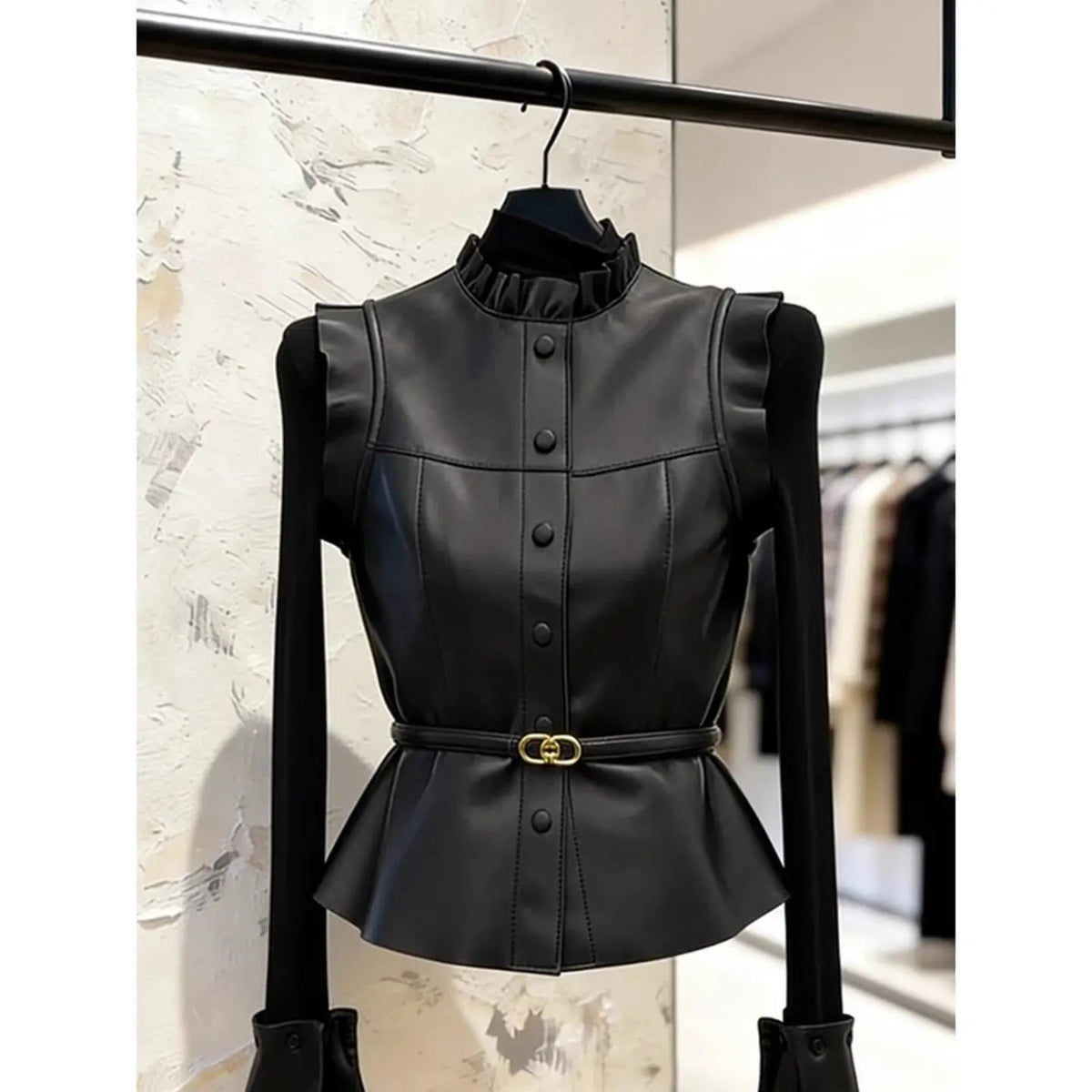 Vintage Black Ruffle Single Breasted Sleeveless Vest For Women