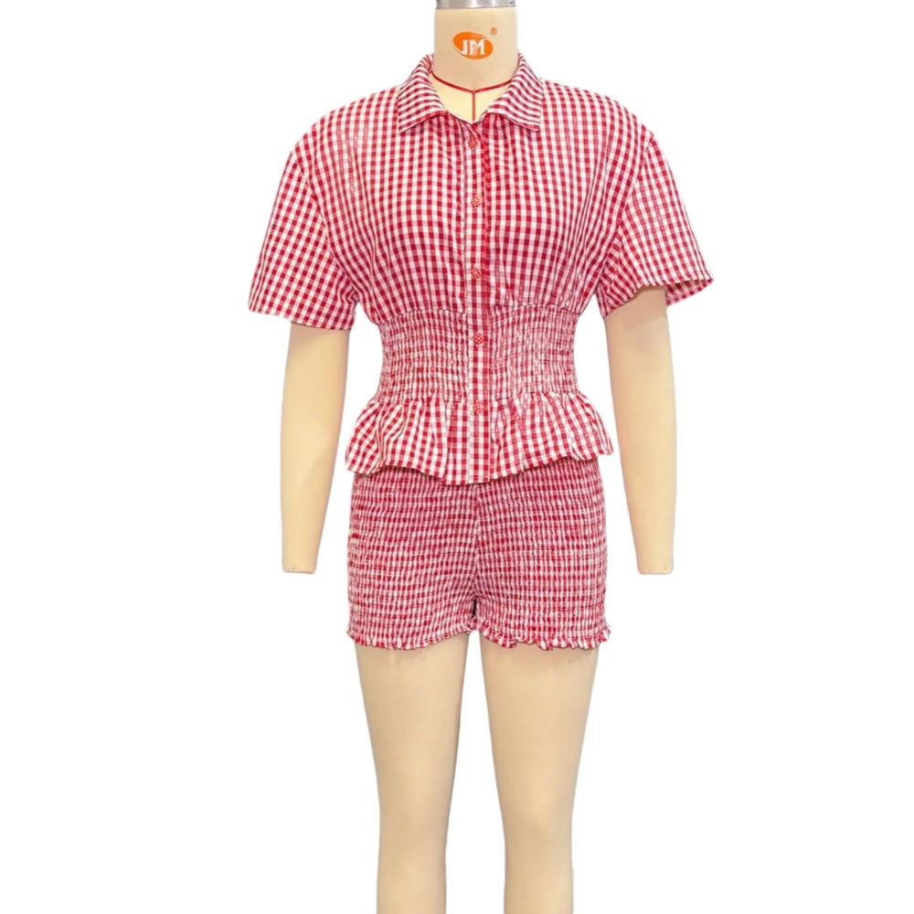 FAGADOER Casual Red Plaid 2 Pieces Set for Woman Short Sleeve Ruffle Patchwork Shirts and Shorts Outfit Female Streetwear New