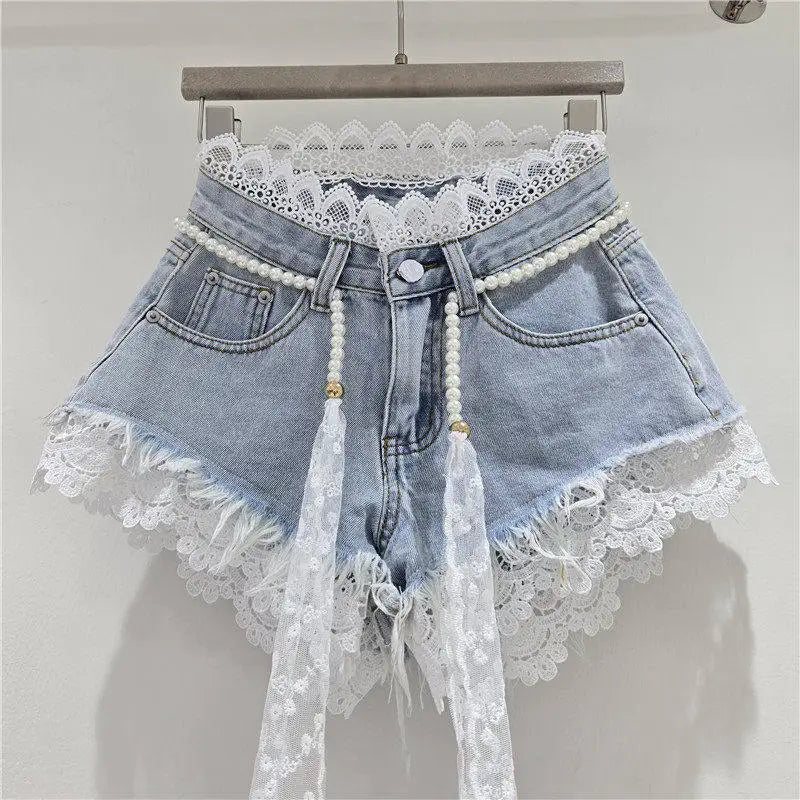 Casual High Waisted Crochet Lace Denim Shorts For Women