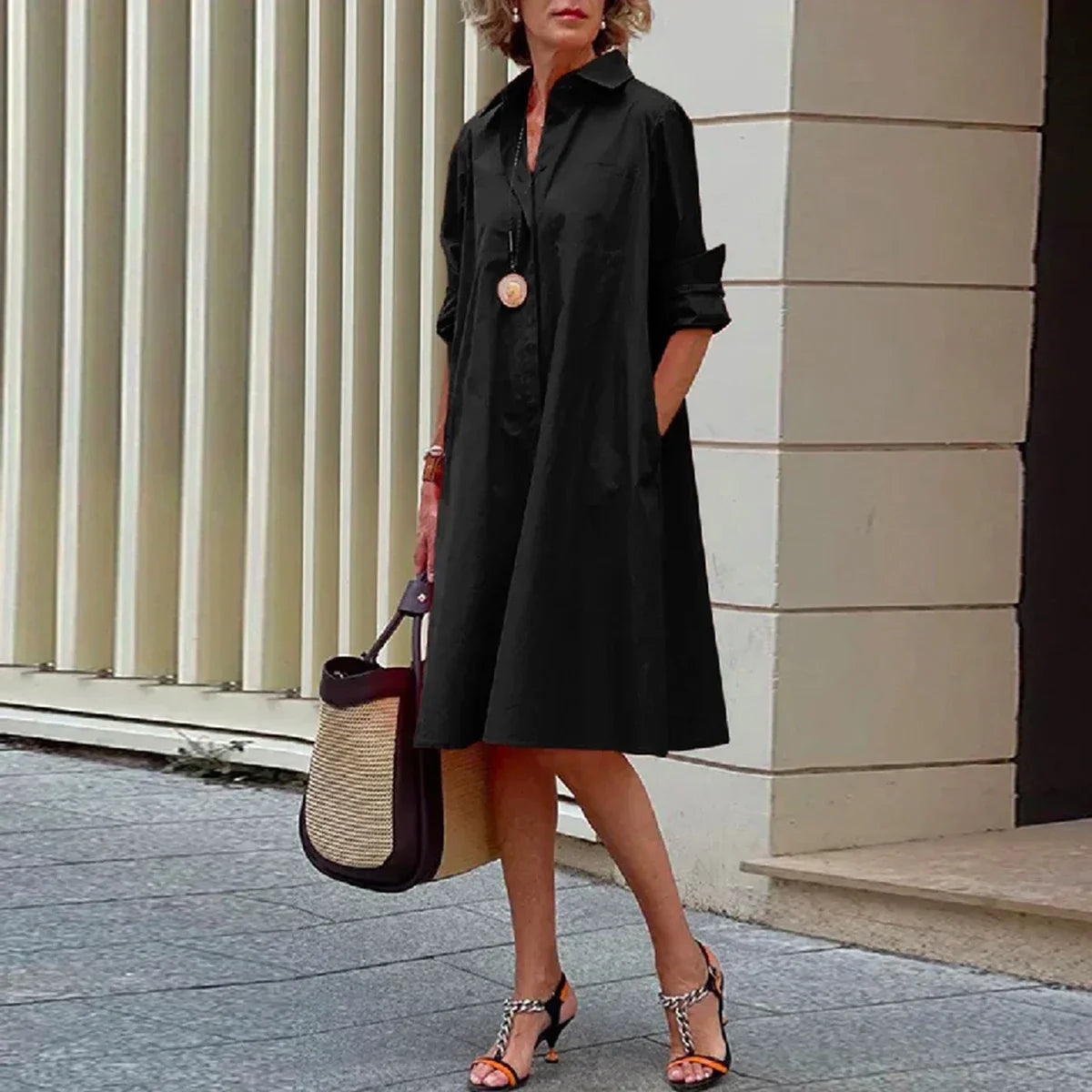Yeezzi 2025 New Women's Lapel Shirts Dress Fashion Simple Solid Color Long Sleeves Loose H-line Casual Office Midi Dresses