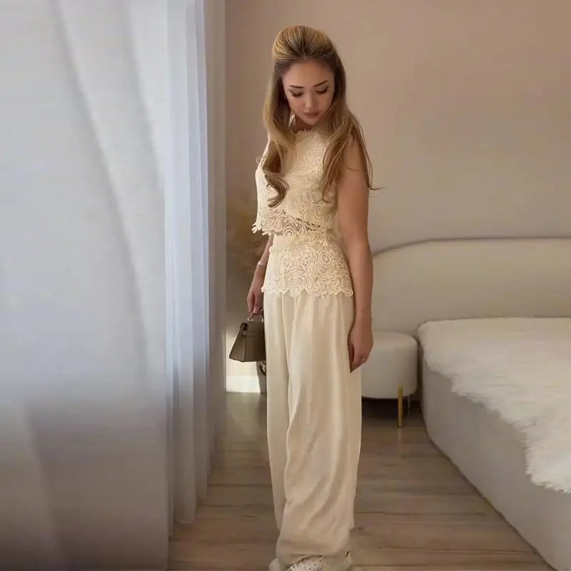 Elegant Crochet Vest And Wide Leg Pants Set for Women
