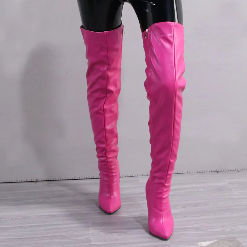 Fashion Leather Side Zipper Pointed Toe Stiletto Over The Knee Boots for Women