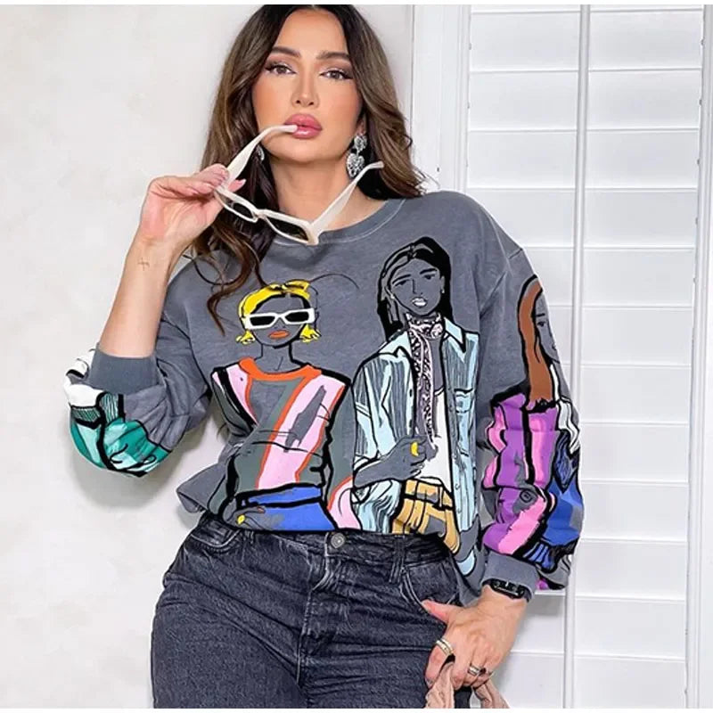 Loose Cartoon Graphic Long Sleeve Sweatshirt for Women
