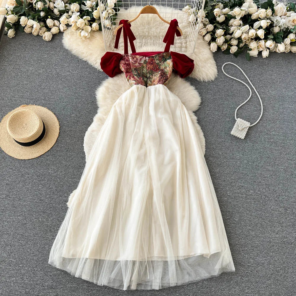 Embroidered Retro Print Lace-Up Mesh Midi Dress for Women