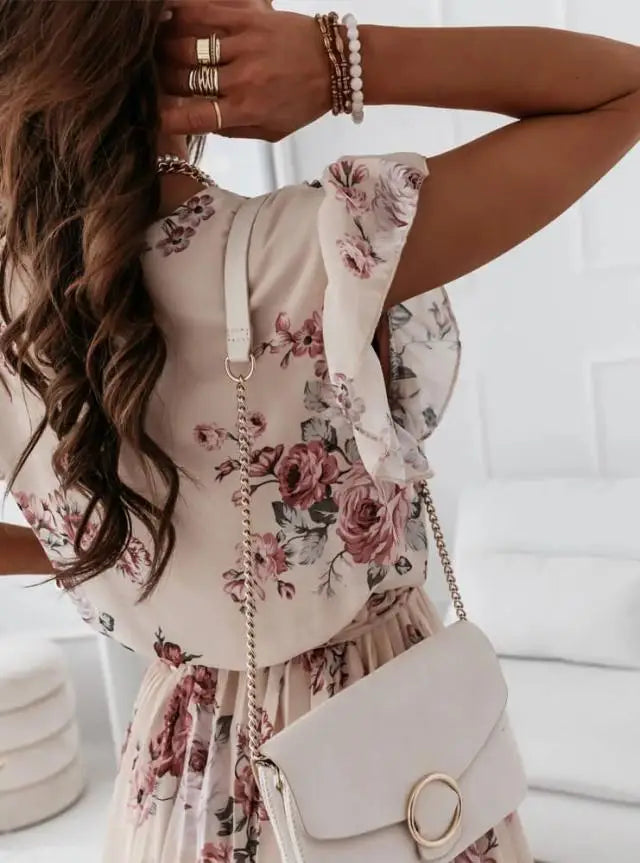 Floral Print Pleated Short Sleeve Ruffle Mini Dress for Women