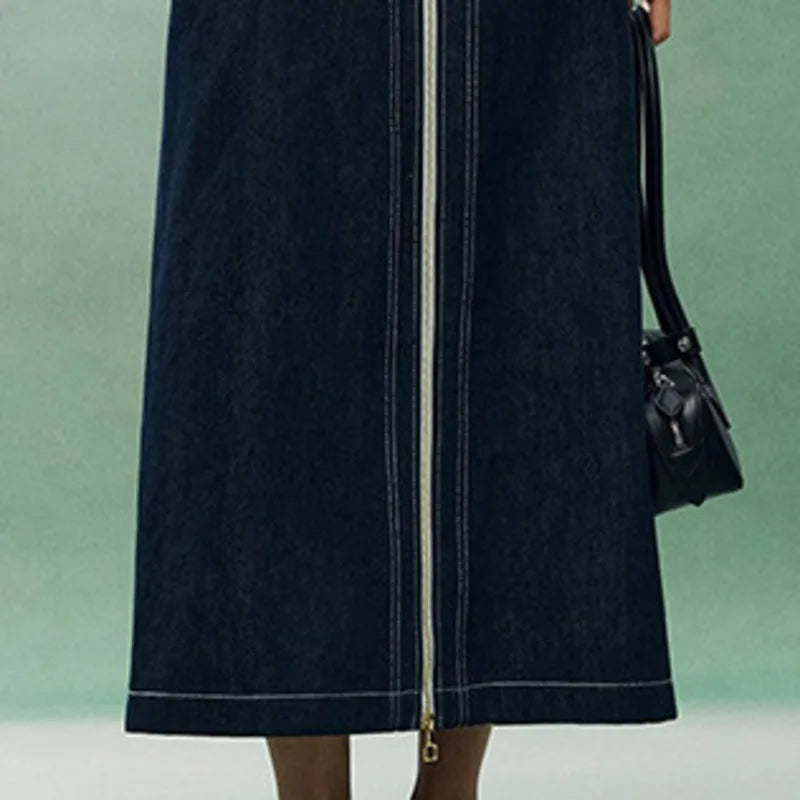 ANJY Summer New Women's Tide High Street Y2K Chic Trendy Sleeveless Halter Neck Backless Waist Cinching Zipper Denim Dress A8053