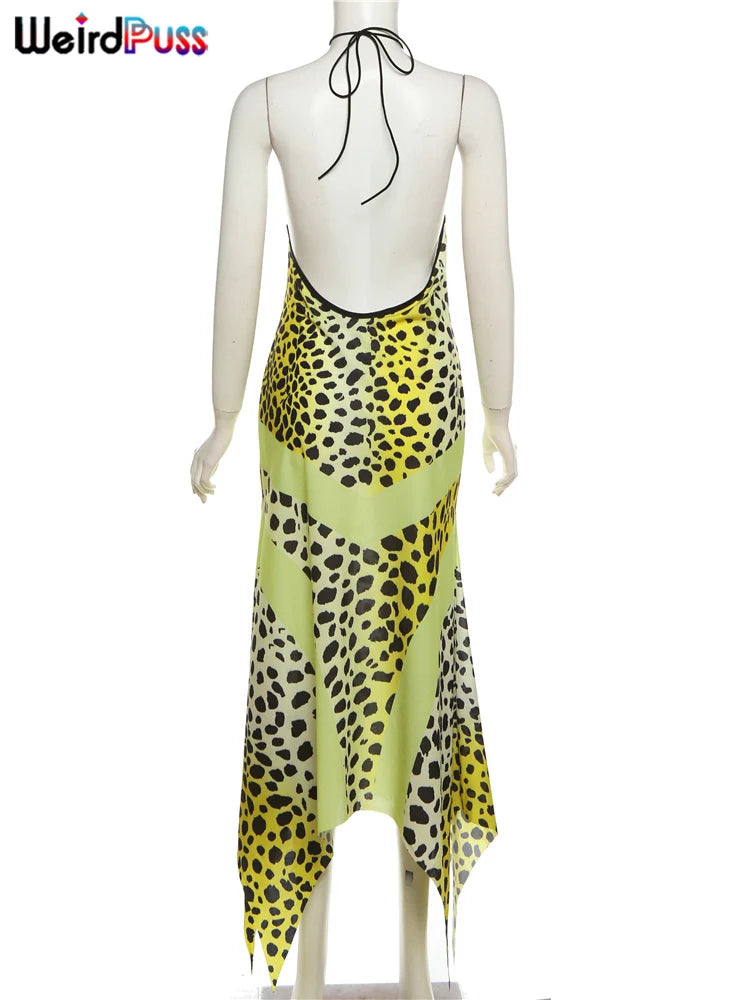 Leopard Print Halter Backless Chiffon Dress for Women