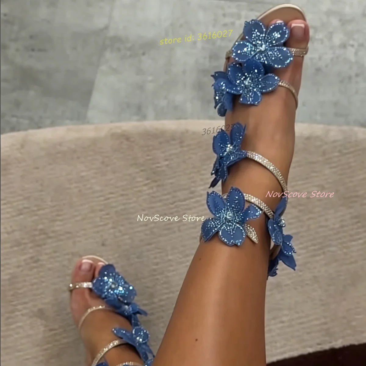 Blue Rhinestone Flower Open Toe Stiletto Sandals for Women