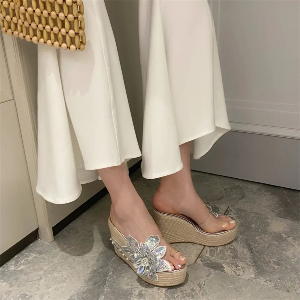 Sequined Flower Design Platform Wedge Sandals for Women