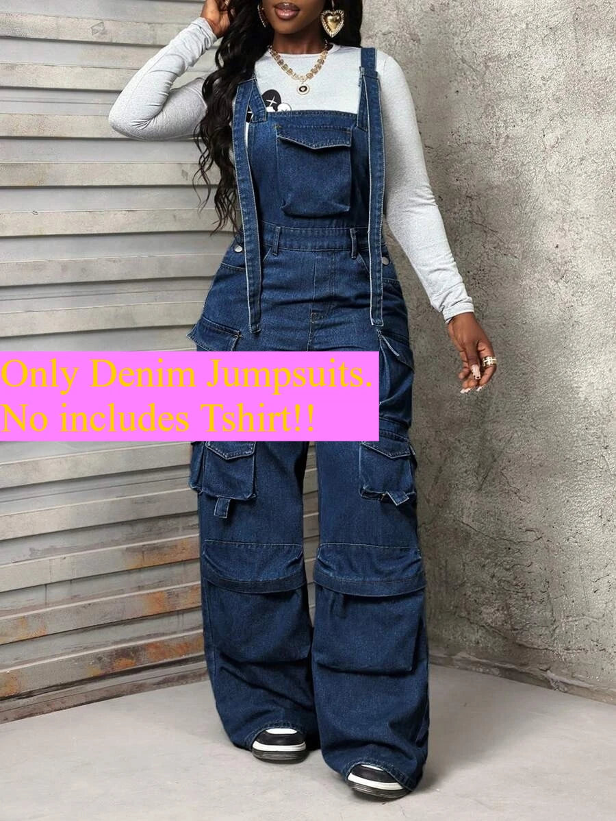 Patchwork Denim Jumpsuit with Spaghetti Straps for Women