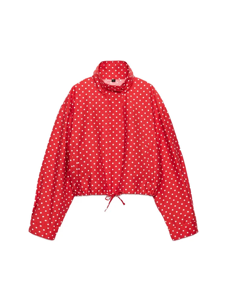 Polka Dot Stand Collar Jacket And High Waist Shorts For Women