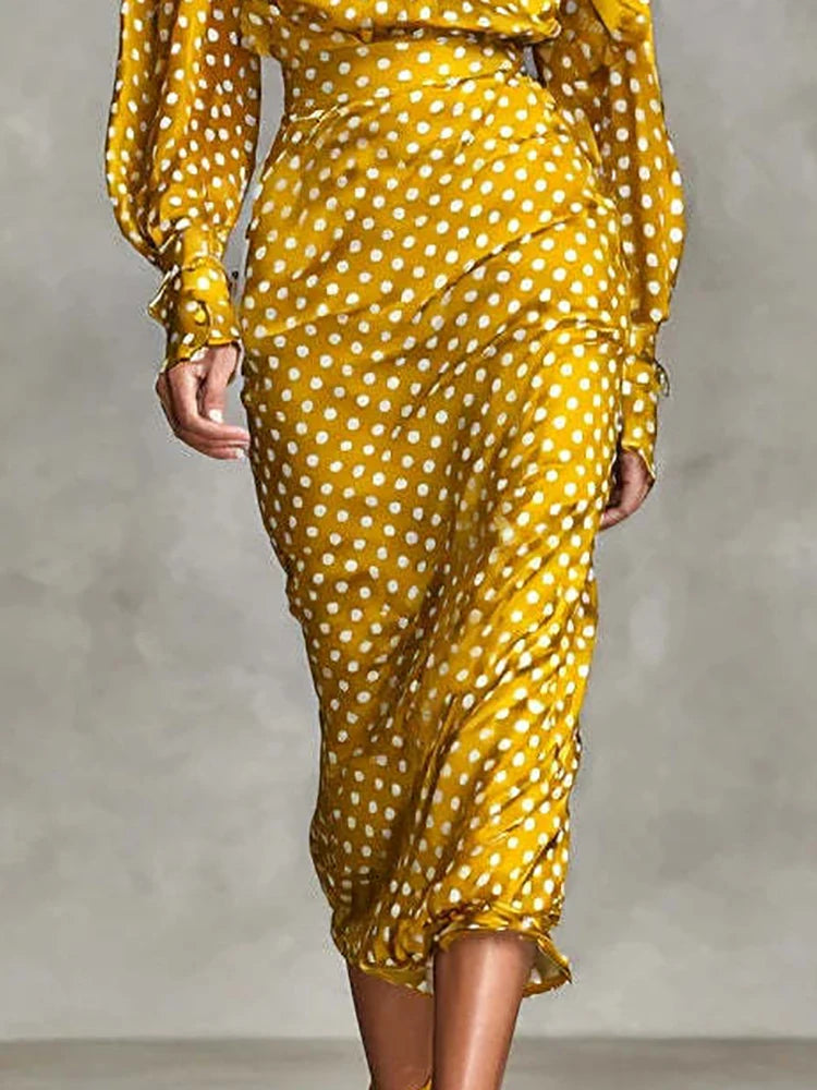 Elegant Polka Dot Long Sleeve Two Piece Skirt Set for Women