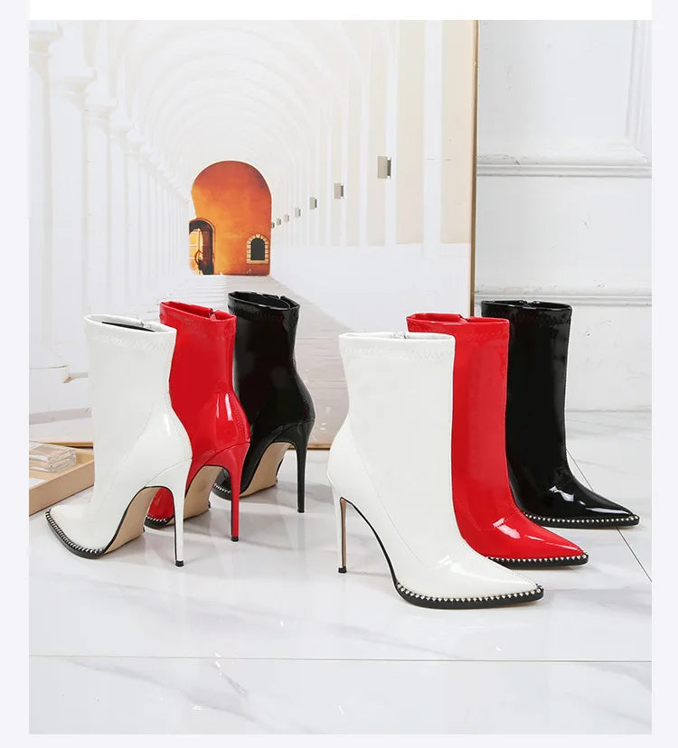 Elegant Rhinestone Bordered Side Zipper High Heel Ankle Boots for Women