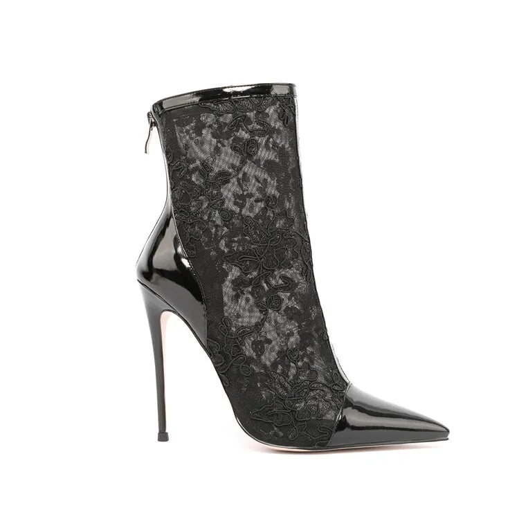 Elegant Black Mesh Stiletto Ankle Boots With Pointy Toe Rear Zipper For Women