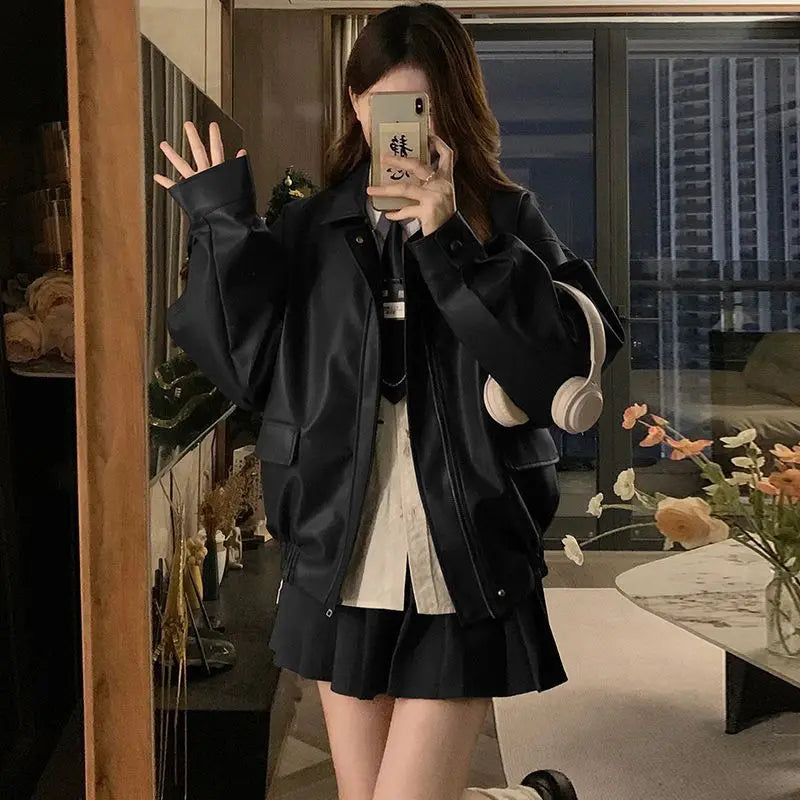 Short American Retro PU Leather Baseball Jacket for Women