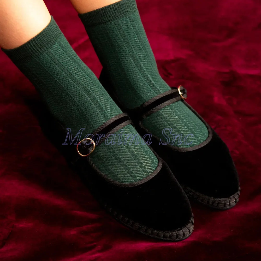 Round Toe Grey Velvet Mary Jane Ballet Flats for Women