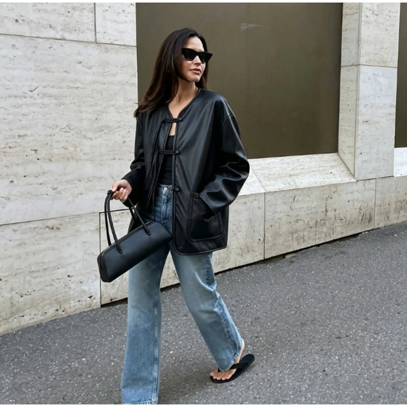Autumn Winter Pu Leather Moto Jacket With Long Sleeve for Women