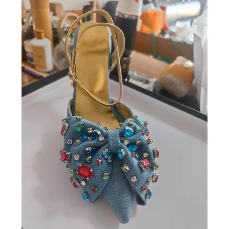 Crystal Rhinestone Bow Denim Pointed High Heel Sandals for Women