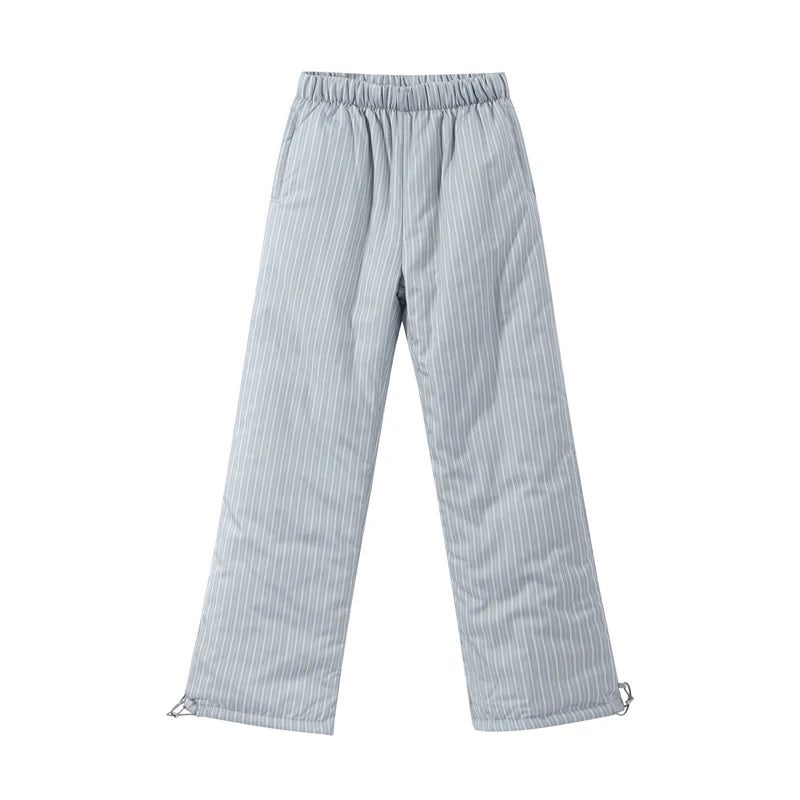 Striped Hooded Puffer Jacket and Wide Leg Pants Set for Women