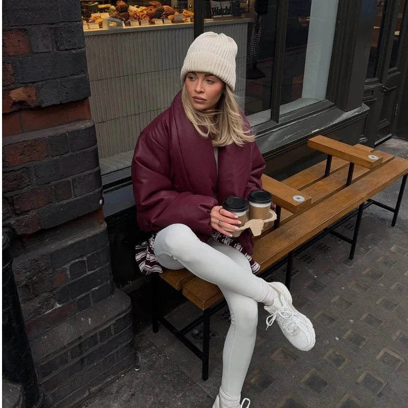 PU Leather Women's Cotton Coat Vintage Laple Full Sleeve Thicken Pockets Female Parka Jackets 2025 Autumn Winter Lady Streetwear