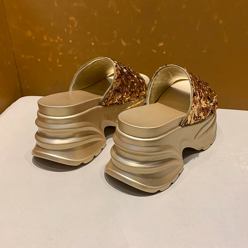 Metallic Sequined Platform Wedge Sandals for Women