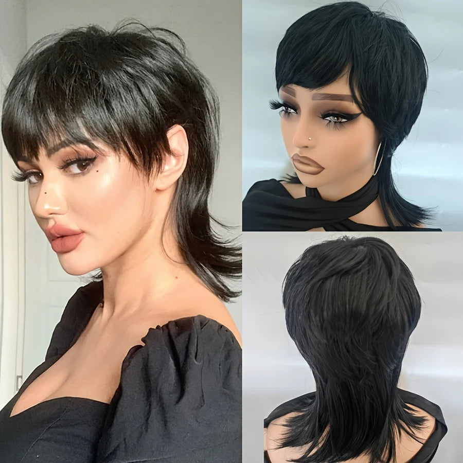 Short Black Shaggy Layered Mullet Wig For Women With Bangs