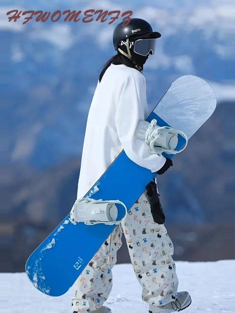 Fleece Lined Two Piece Snowboard Set With Cat And Dog Print for Women