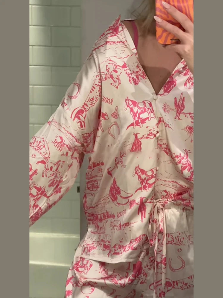 Casual Print Blouse and Wide Leg Pants Set for Women