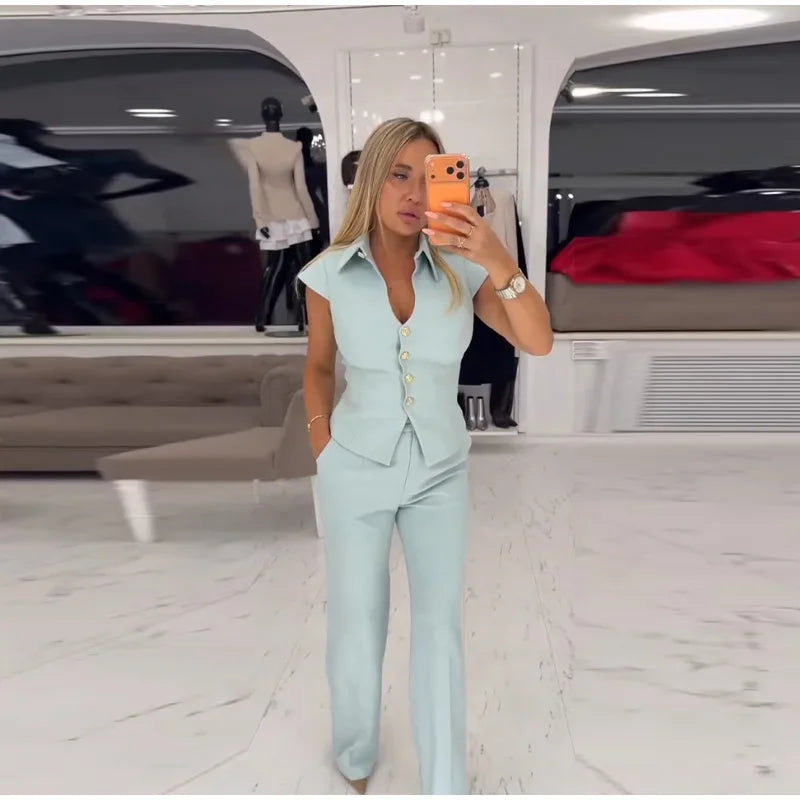 Waist Cinched Tailored Suit Set With Wide Leg Pants For Women